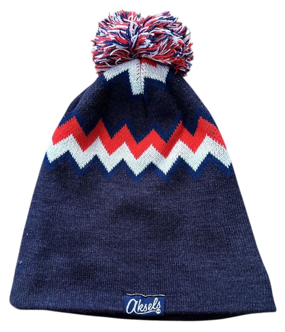 Aksels Hand-Knit Zig-Zag Navy Blue Beanie w/ Tri-Color Pom